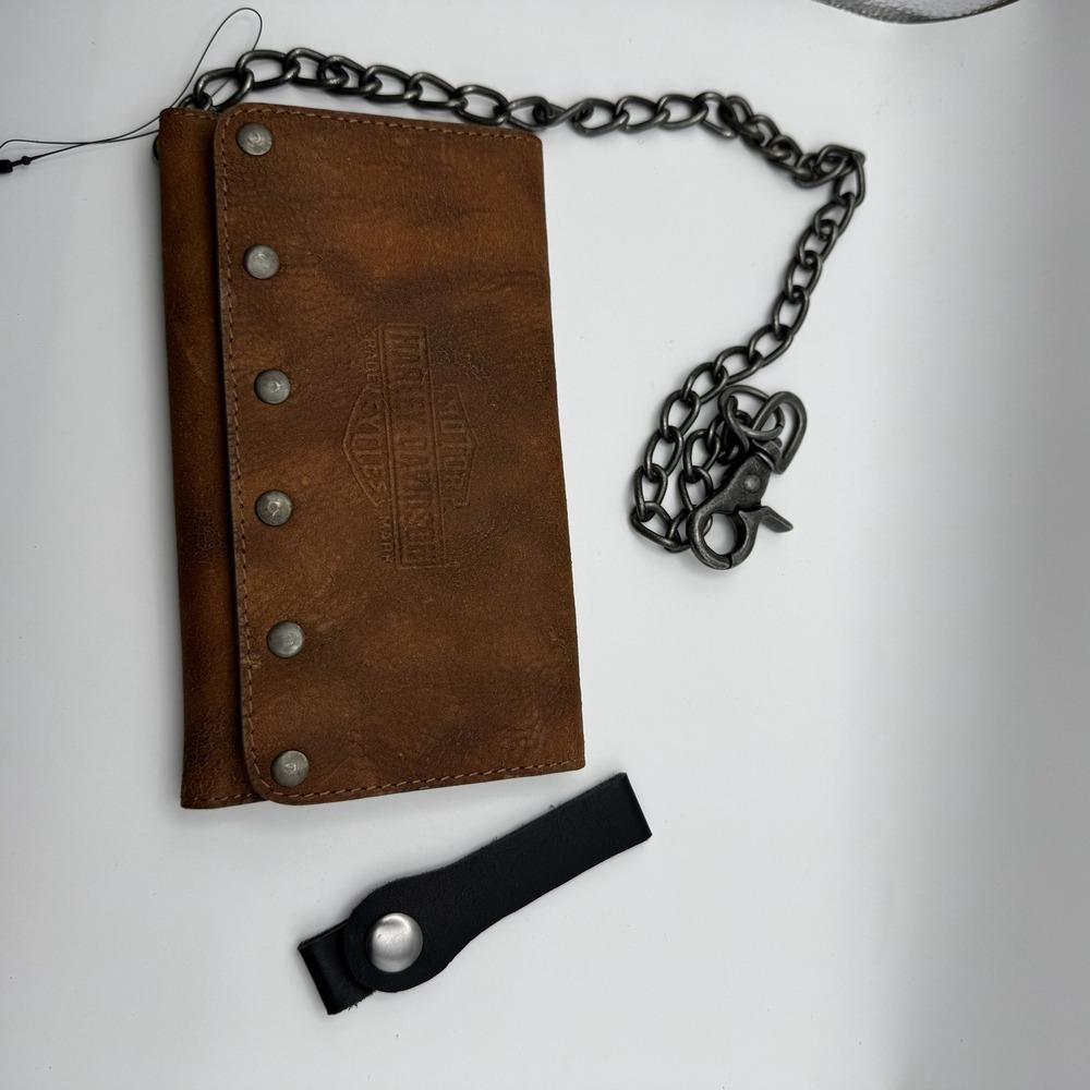 Harley-Davidson Mens Brown Leather Studded Trucker Biker Wallet with Chain